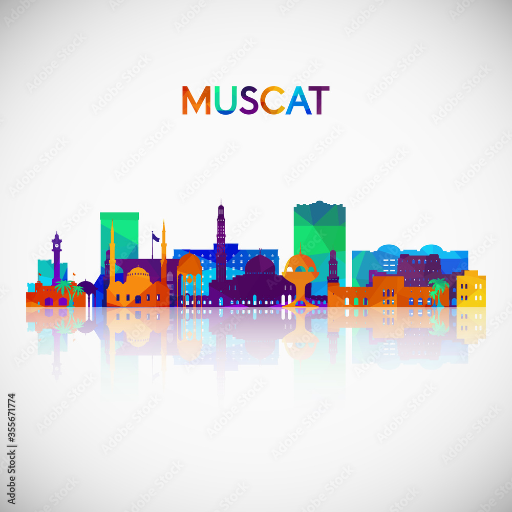 Muscat skyline silhouette in colorful geometric style. Symbol for your design. Vector illustration.
