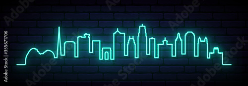 Blue neon skyline of Kansas City city. Bright Kansas City long banner. Vector illustration.