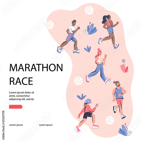 Marathon race banner template with group of running men and women wearing sportswear. Marathon race or sprint sport event competition advert, cartoon vector illustration in trendy style.