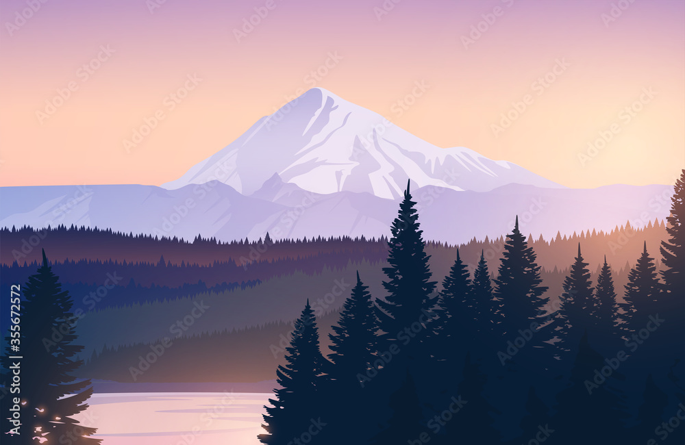 Naklejka premium Vector illustration of mountain landscape with forest and lake. Snowy mountain peak at sunset.