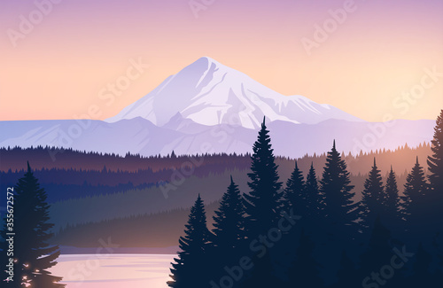 Vector illustration of mountain landscape with forest and lake. Snowy mountain peak at sunset. © NMacTavish