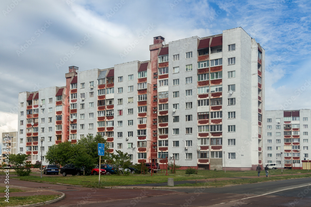 Apartment building based on a post soviet architecture style in a Slavutych city, purposely built for the evacuated personnel of the Chernobyl Nuclear Power Plant after the 1986 disaster