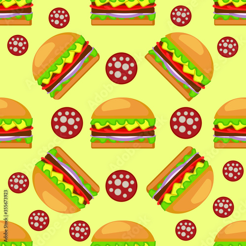 Seamless background of burgers. Fast food hamburger, cheeseburger. Vector illustration. 