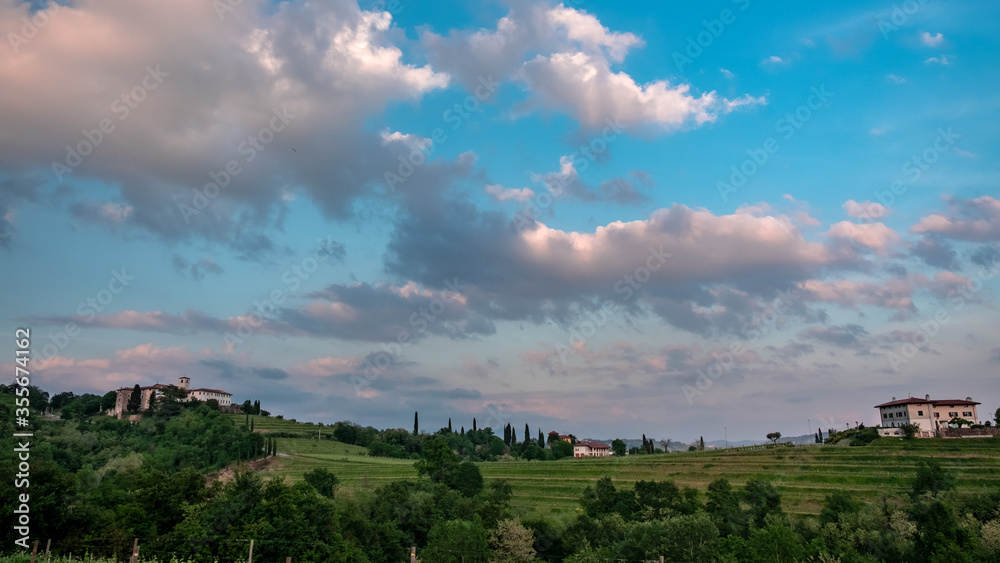 Fototapeta premium Spring stormy sunset in the vineyards of Collio Friulano, Friuli-Venezia Giulia, Italy