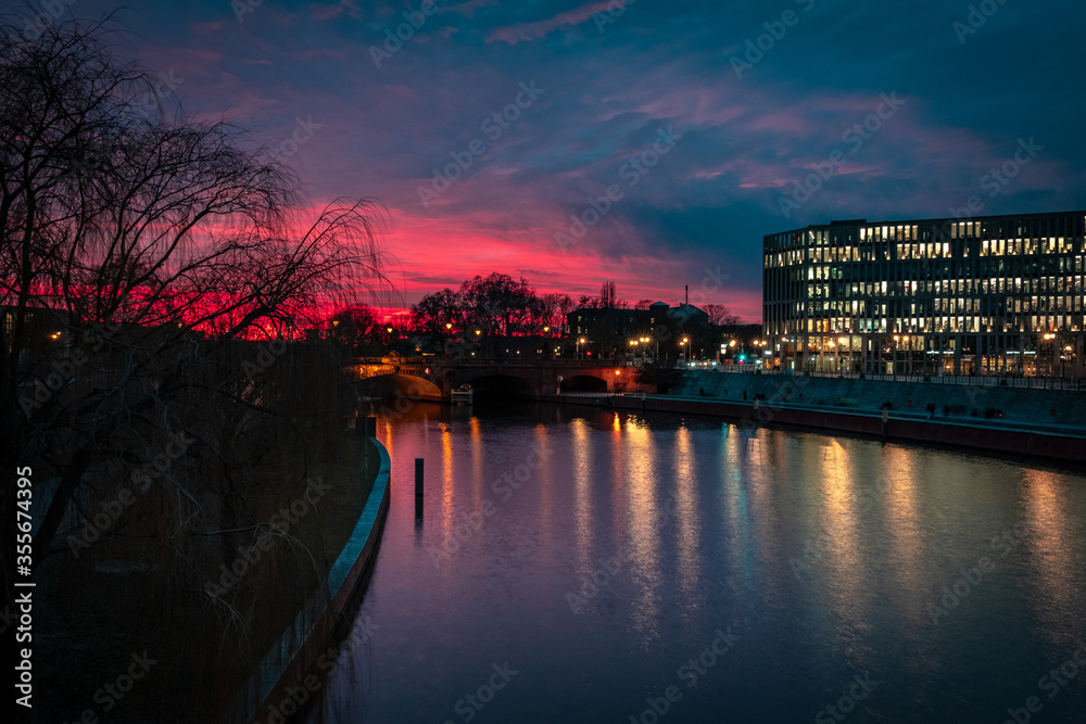 Colorful winter sunset in the city of Berlin