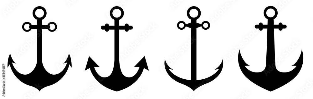 Anchor icon set. Anchor symbol logo design. Ship anchor or boat anchor flat  icon for apps and websites.Simple, flat, black anchor silhouette icon.  Vector illustration Stock Vector