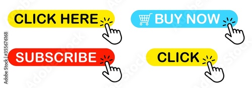 Click here for links to websites. Subscribe button icon. Buy now web buttons. Click button icon.Vector illustration