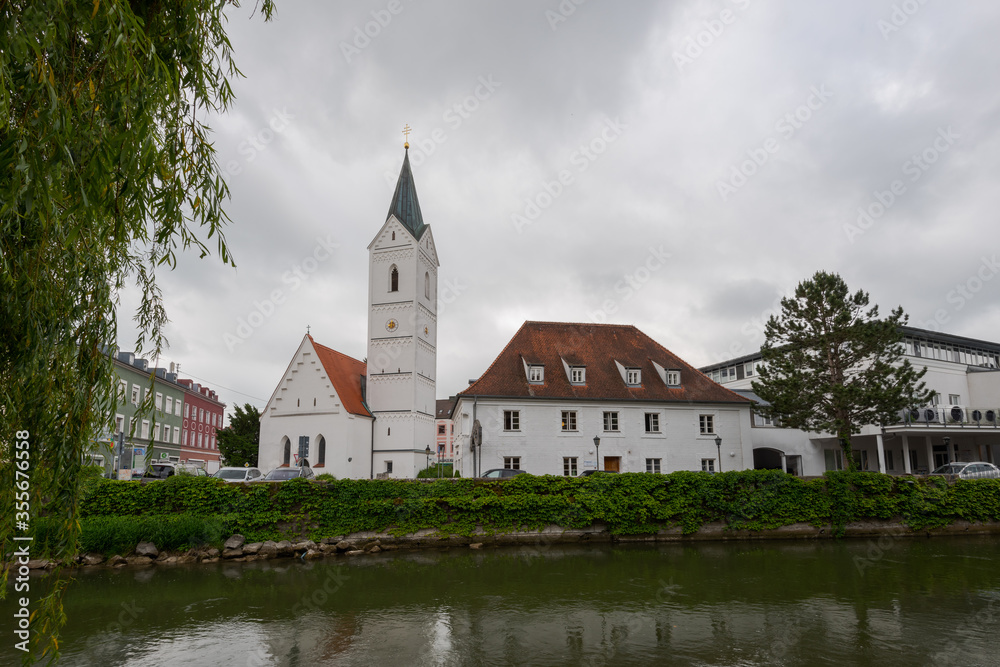 Leonhardi church on the river Amper in the bavarian town Fuerstenfeldbruck on cloudy overcast day