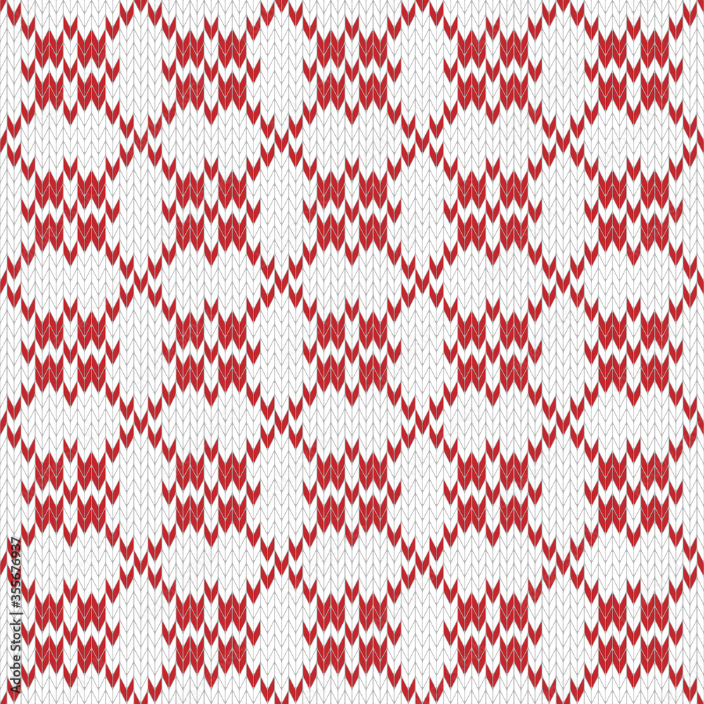 Seamless knitting pattern. Geometric ornament of crosses and lines in red and white colors. Christmas textile pattern