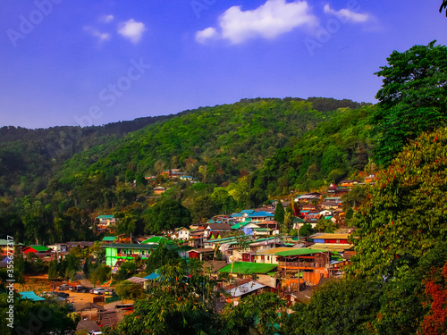 Panorama view of Doi Pui Hmong Village deep in the mountains of Chainmai Thailand