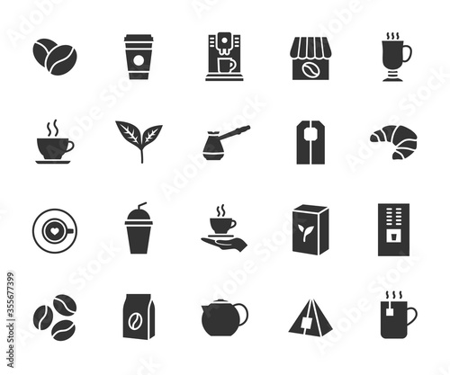 Vector set of coffee and tea flat icons. Contains icons coffee beans, cup, teapot, vending machine, tea bag, packaging, coffee machine and more. Pixel perfect.