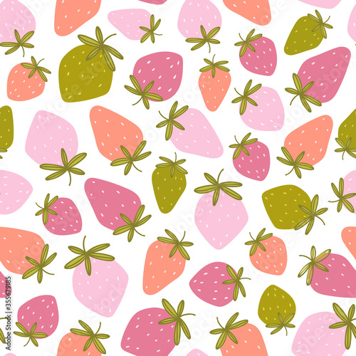 Fototapeta Naklejka Na Ścianę i Meble -  Juicy colored  strawberry isolated on white background. Cute seamless vector pattern. Cartoon style for kid's textile, wrapping paper, background flat design.