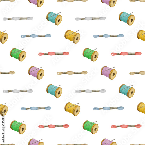 Hand drawn sewing threads, seamless pattern. Colorful spools on a white background. 