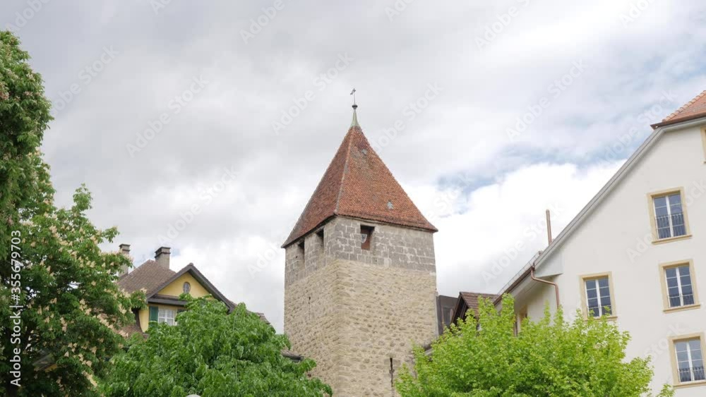 Castel tour in old town city with trees, slowmotion Castel tour in old town city with trees, slowmotion