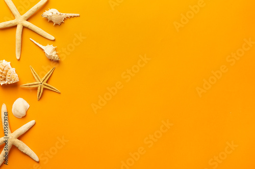 Summer background with beach objects - starfish, seashell on vibrant orange background top view with copy space.