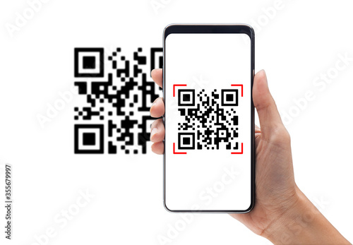 Hand using mobile smart phone scan Qr code. Barcode reader, Qr code payment, Cashless technology, Digital money concept.