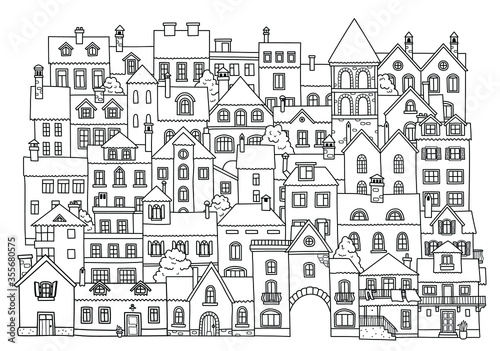 Old town. City landscape. Coloring book for children. Cartoon Vector illustration.