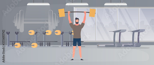 Spotsman with a barbell in the gym. A man lifts a dumbbell. The concept of sport and healthy lifestyle. Vector.