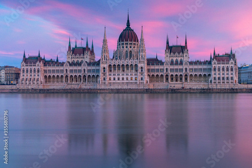 Hungarian Parliament, Budapest with reflection in Danube river during twilight © nattapoomv