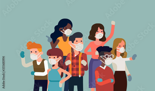 Crowd wearing masks and gloves