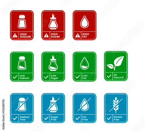 set of labels for marking food products - high/low sodium, sugar, fat levels.