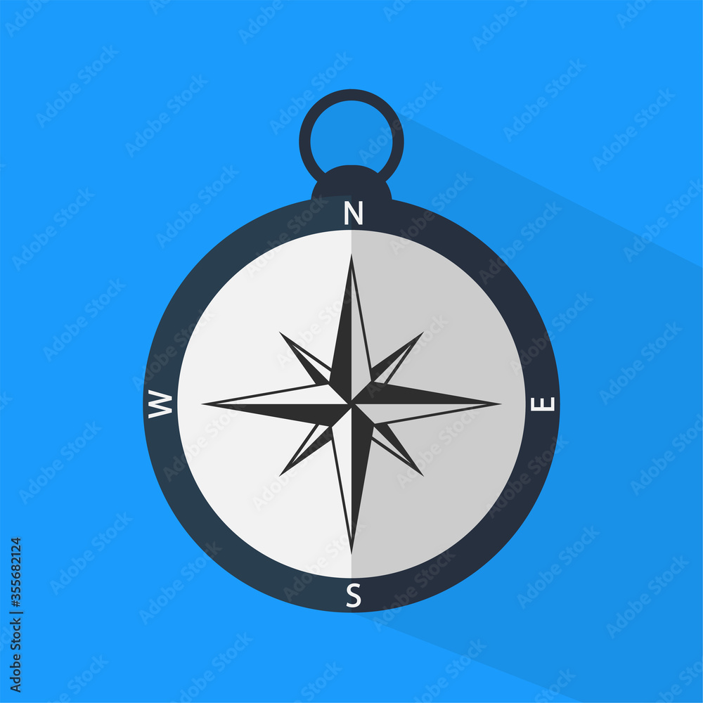 Flat compass vector icon with long shadow. Science compass isolated on blue background.