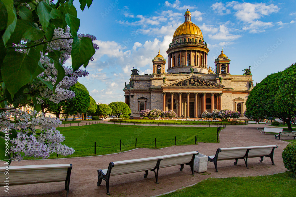Saint Petersburg. Russia. Saint Isaac's Cathedral. Square. Cathedrals of Russia. Lilac. St. Isaac's Cathedral on a background of blue sky. Petersburg on a summer day. Architecture of cities in Russia