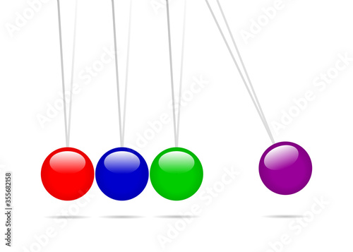 Newton pendulum vector illustration isolated on white background. Colored spheres hanging.