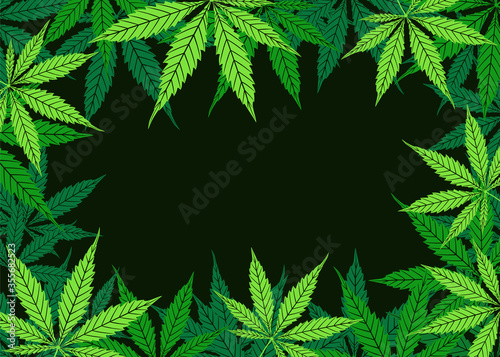 Cannabis vector green frame of leaf on black background. Cartoon hand drawing marijuana grass or ganja plant top view copy space. Herbal floral nature ornate design flat template banner for text