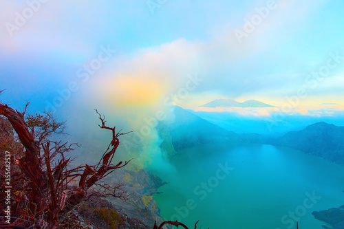 Panoramic view of Kawah Ijen Volcano at Sunrise. The Ijen volcano complex is a group of stratovolcanoes in the Banyuwangi Regency of East Java  Indonesia