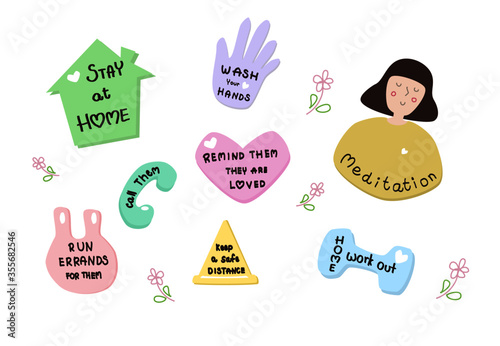 Coronavirus preventive sign. Cartoon draw with hand writing about basic protective measures against virus. Important information and guidance to stay healthy from Covid19. vector