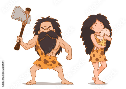 Cartoon character of caveman holding stone axe and cavewoman carrying baby.