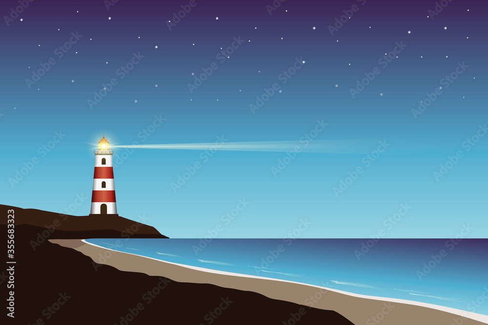 lighthouse near beach in the night with starry sky vector illustration EPS10