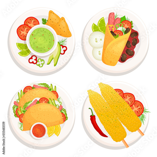 Set of mexican food on plates top view. Traditional mexican cuisine. Vector illustration in fly style. Dishes with food and ingredients isolated on white background. Burrito, guacamole, tacos, elote.