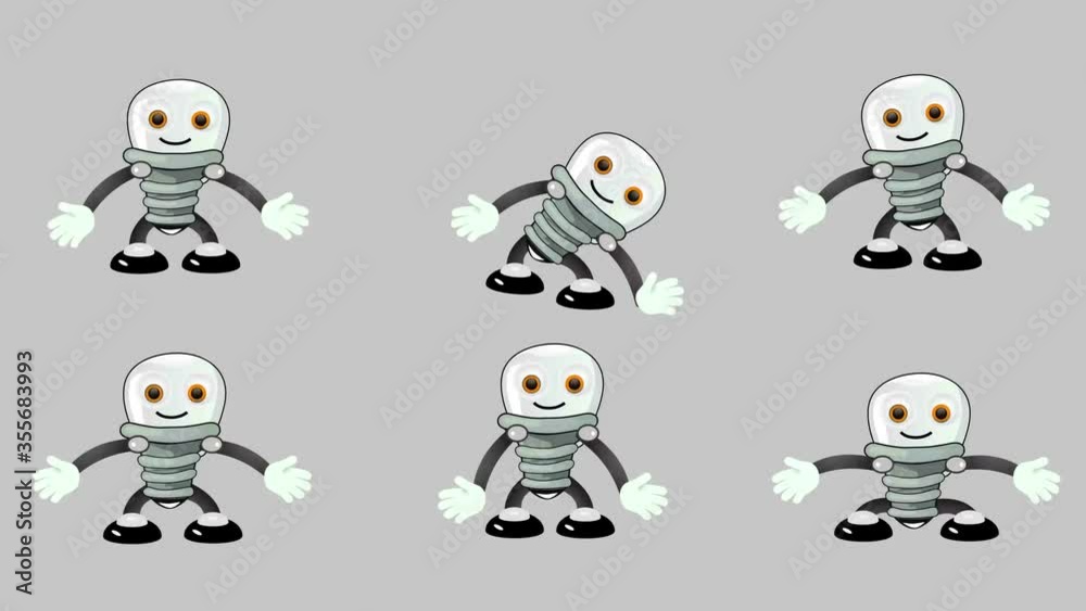 Bulb lamp character animation set in 4K with alpha channel. Looped scenes. Cartoon style character actions such as walking jumping looking breathing staying clapping dancing workout to compose