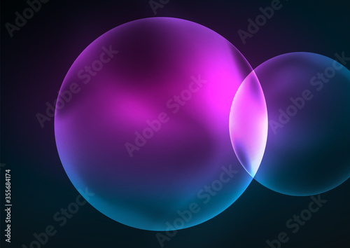 Glowing neon shiny transparent bubbles, glass circles or bio cell concept. Techno futuristic vector abstract background For Wallpaper, Banner, Background, Card, Book Illustration, landing page