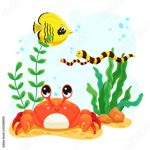 Sea animals in the sea. Cute crab, fish and algae. Vector illustration.