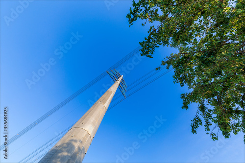 Traliccio, palo per sostenere i cavi dell'alta tensione elettrica con cielo azzurro e sereno. Ramo e foglie di albero. photo