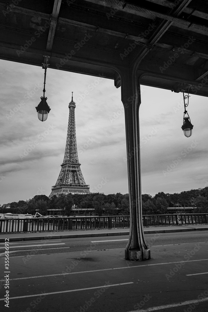 Early morning view of Eiffel tower from pont de bir-hakeim bridge.