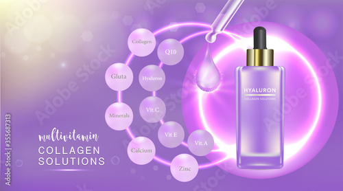 Beauty product ad design, purple cosmetic container with collagen solution advertising background ready to use, luxury skin care banner, illustration vector.