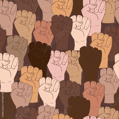 Vector seamless pattern with different ethnicity colors human fists. Hand drawn background with strong fists, anti-discrimination African people in USA, police violence. Stop racism, all lives matter. © Olga
