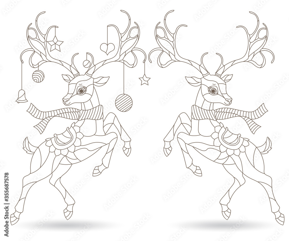 Fototapeta premium Set of contour illustrations in stained glass style with funny cartoon deers, outline figures isolated on a white background
