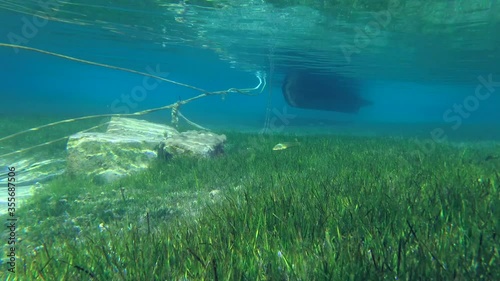 Fishing boat in shallow water stand over seabed covered with green seagrass in sunrays. Underwater view photo