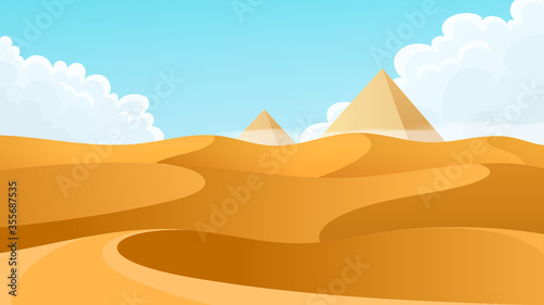 Desert landscape with pyramids.