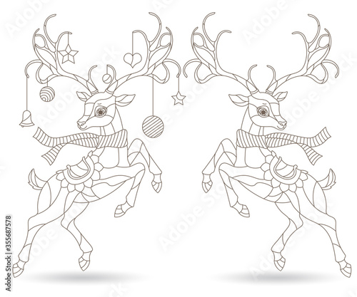 Set of contour illustrations in stained glass style with funny cartoon deers, outline figures isolated on a white background