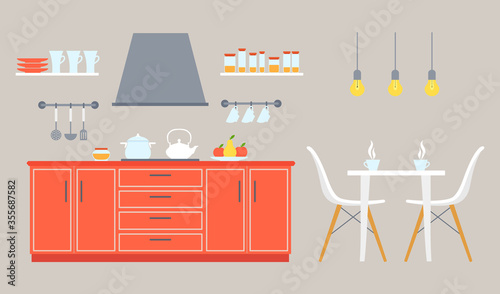 The interior of the kitchen and dining room with furniture and utensils. Modern flat style room. Vector illustration on the theme of interior design, repair, relocation and space planning.