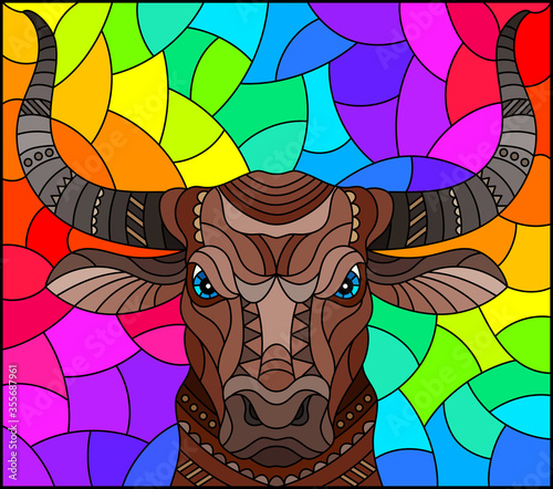 Illustration in the style of stained glass with abstract bull head on a rainbow  background rectangular image
