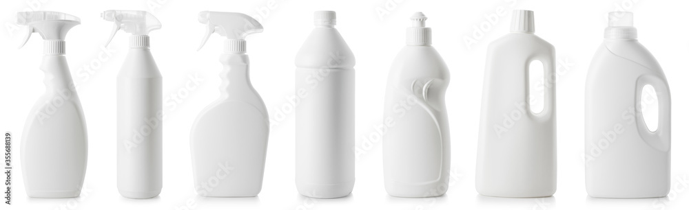 Set of white bottles of different cleaning procucts - obrazy, fototapety, plakaty 