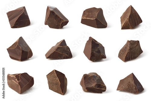 Set of broken dark chocolate pieces