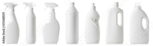 Set of white bottles of different cleaning procucts
